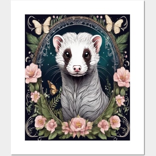 Ferret In Cottage Core and Filigree Style Art Posters and Art